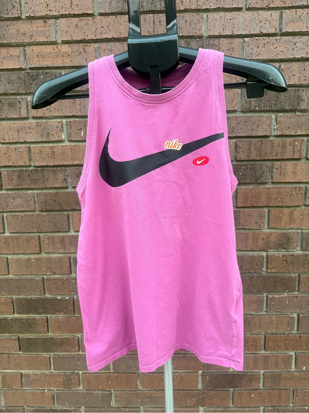 Nike Womens Dri-Fit Graphic Training Tank Top Pink Swoosh JDIY Athletic Logo XS